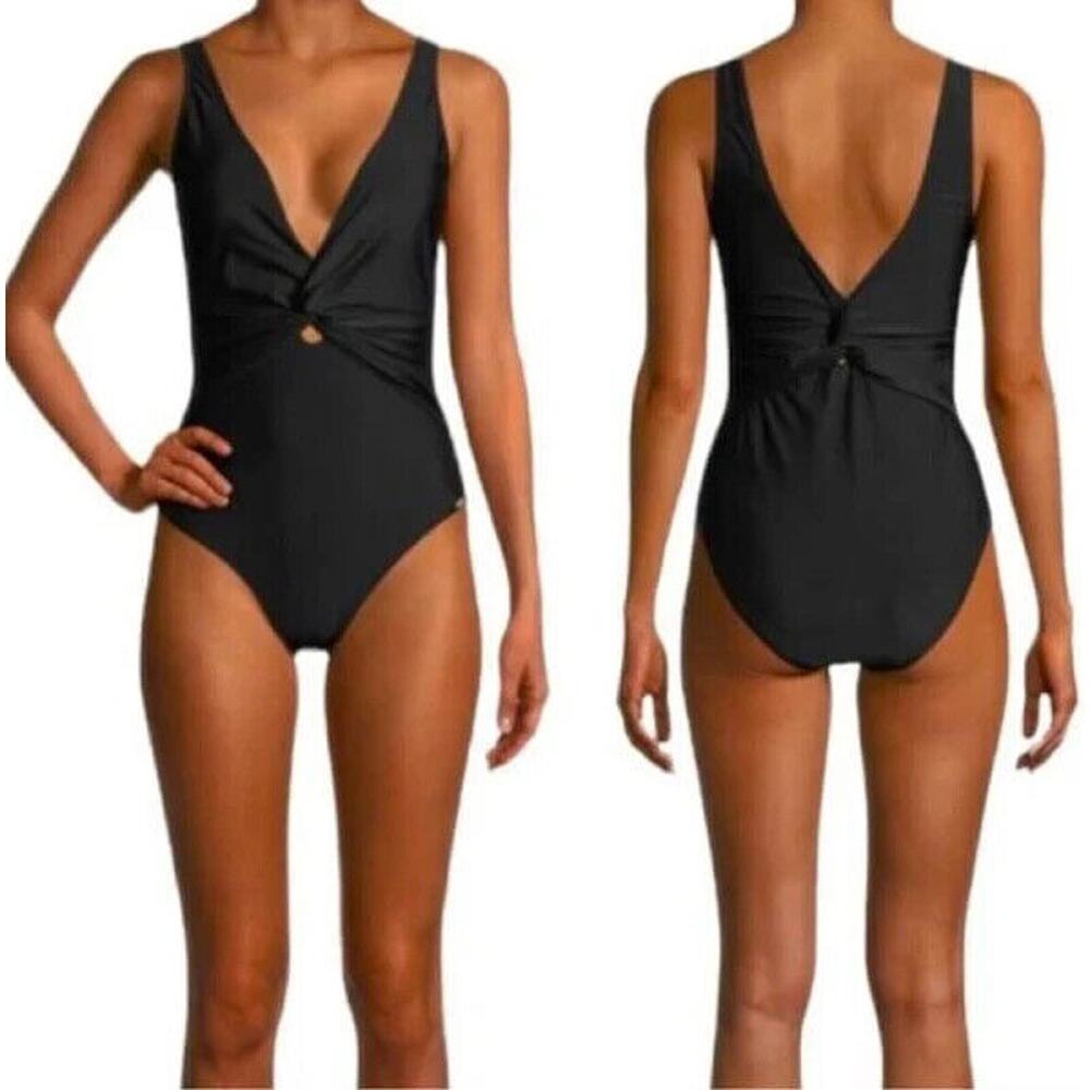 Nicole Miller 1 One Piece Swimsuit Sweetheart Center Tie Size XL Black Slimming